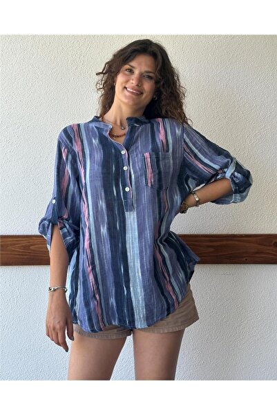 ByEnBi Italian Linen Blue Tie-Dye Striped Shirt Blouse - Std