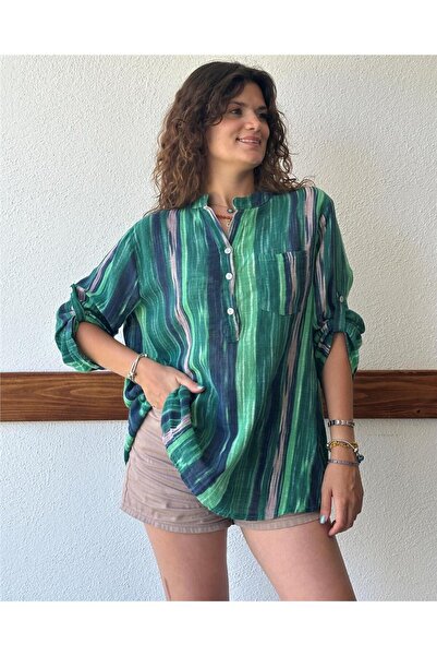 ByEnBi Green Tie-Dye Striped Italian Linen Shirt Blouse - Std