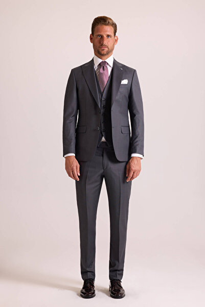 Ysf Erkek Gri Slim Fit Sivri Yaka Yelekli Takım Elbise