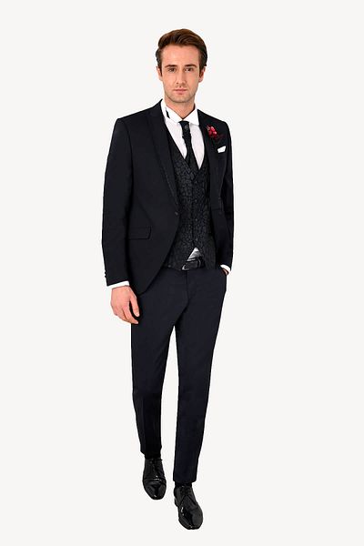 Ysf Men's Navy Blue Dislocation Shawl Collar Slim Fit Groom Suit