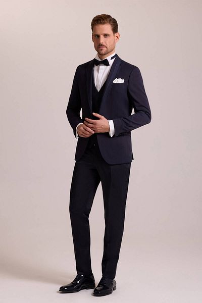 Ysf Men's Navy Blue Slim Fit - Groom Suit with Vest