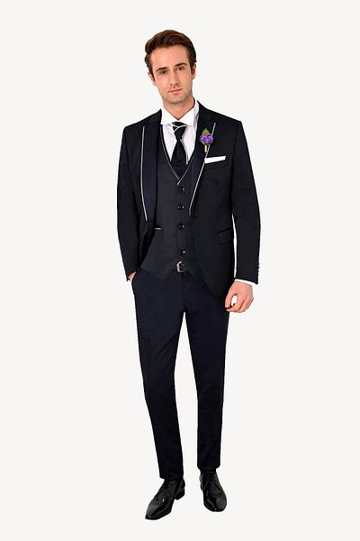 Ysf Men's Navy Blue Vest Mono Collar Slim Fit Groom Suit