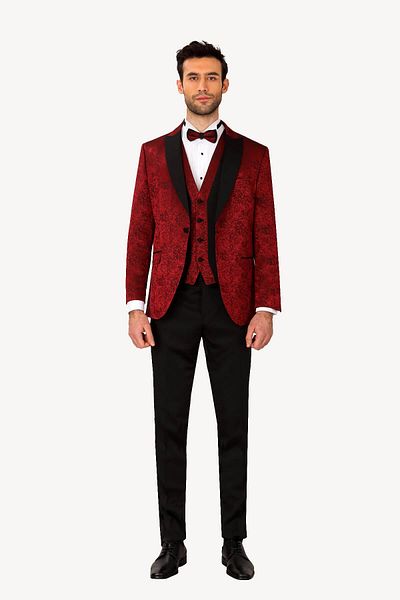 Ysf Men's Burgundy Swallow Collar Vest Slim Fit Patterned Groom Suit
