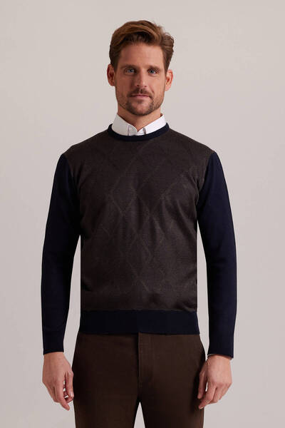 Ysf Erkek Lacivert Kahve Baklava Desenli Regular Fit Bisiklet Yaka Triko