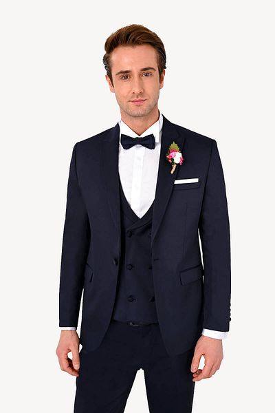 Ysf Men's Navy Blue Swallow Collar Slim Fit Patterned Groom Suit