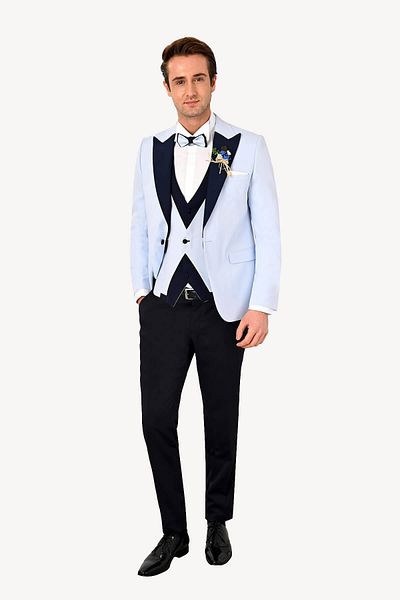 Ysf Men's Light Blue Vest Swallow Collar Slim Fit Groom Suit
