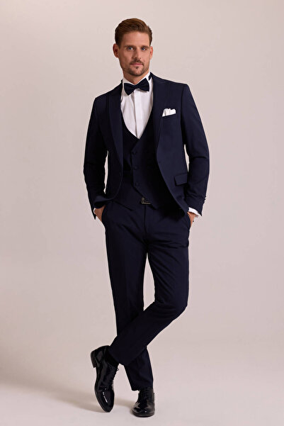 Ysf Erkek Lacivert Slim Fit Likralı Sivri Yaka Yelekli Damatlık