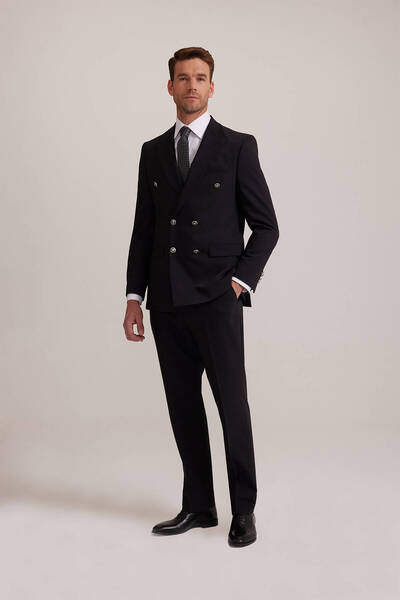 Ysf Erkek Siyah Kruvaze Çift Yırtmaç Takım Elbise