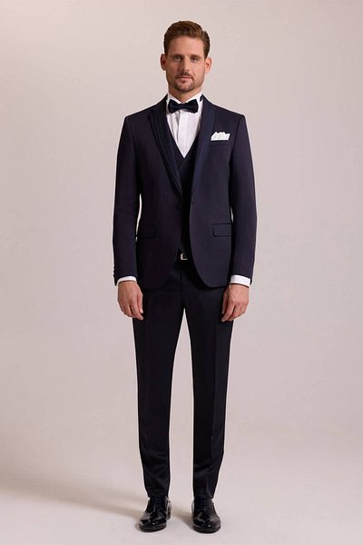Ysf Men's Navy Blue Slim Fit - Groom Suit with Vest