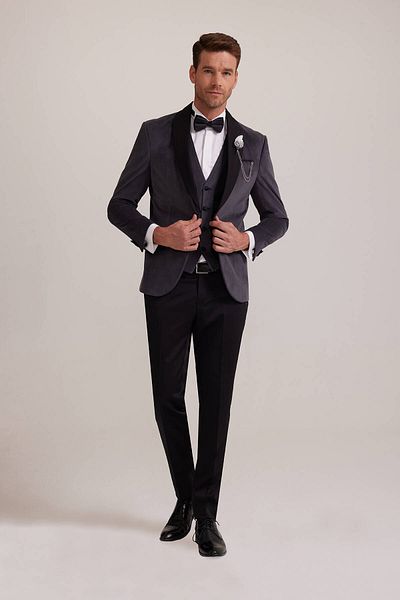 Ysf Men's Gray Shawl Collar Vest Slim Fit Groom Suit