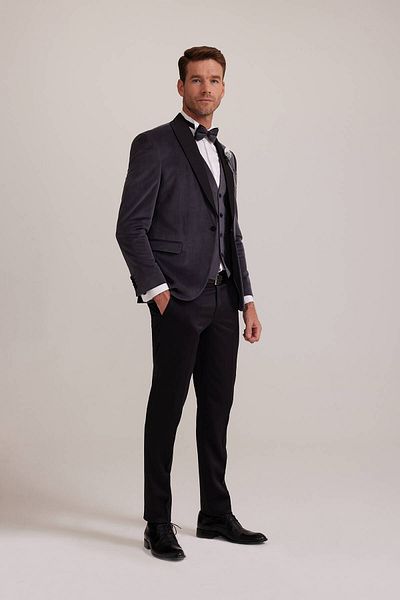 Ysf Men's Gray Shawl Collar Vest Slim Fit Groom Suit