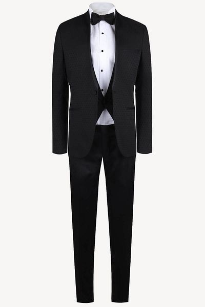 Ysf Men's Black Slim Fit Chief Collar Vest Patterned Groom Suit