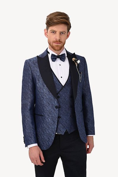 Ysf Men's Navy Blue Navy Blue Swallow Collar Slim Fit Groom Suit