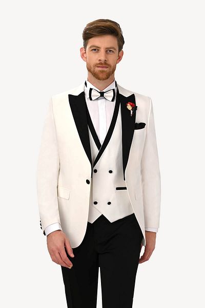 Ysf Men's Cream Vest Swallow Collar Slim Fit Groom Suit