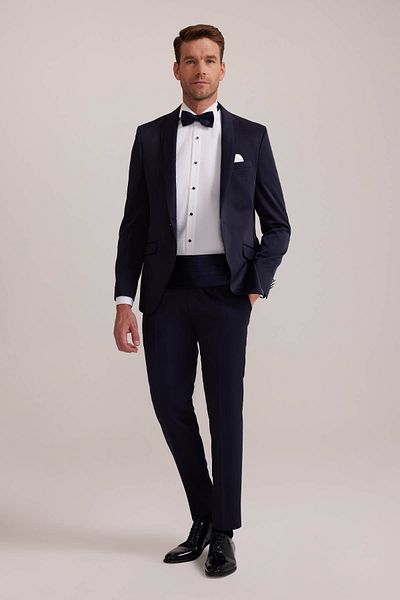 Ysf Men's Navy Blue Slim Fit Swallow Collar Groom Suit