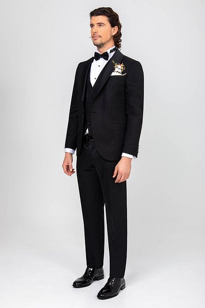 Ysf Men's Black Vest Dislocation Shawl Collar Groom Suit