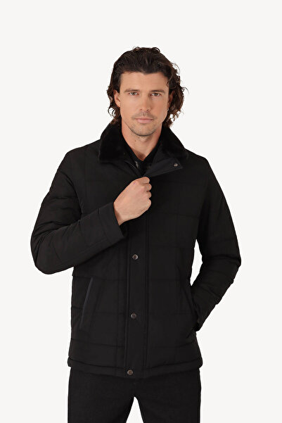 Ysf Erkek Siyah Regular Fit Yakası Kürklü Desenli Kaban