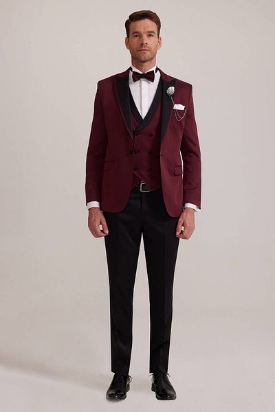 Ysf Men's Burgundy Swallow Collar Vest Slim Fit Patterned Groom Suit