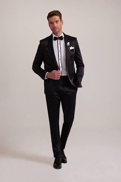 Ysf Men's Black Slim Fit Shawl Collar Groom Suit