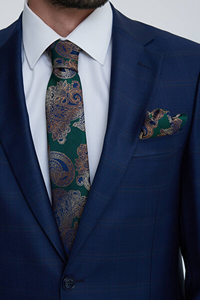 Ysf Erkek Lacivert Yeşil Regular Fit Kareli Desenli Takım Elbise