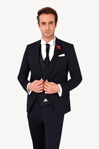 Ysf Men's Navy Blue Dislocation Shawl Collar Slim Fit Groom Suit