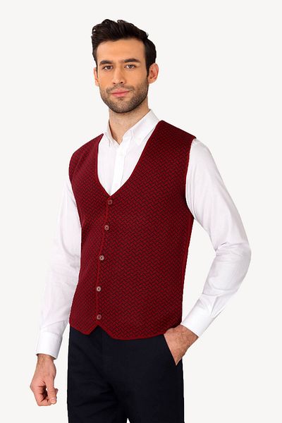 Ysf Men's Claret Red Patterned Classic Knitwear Vest