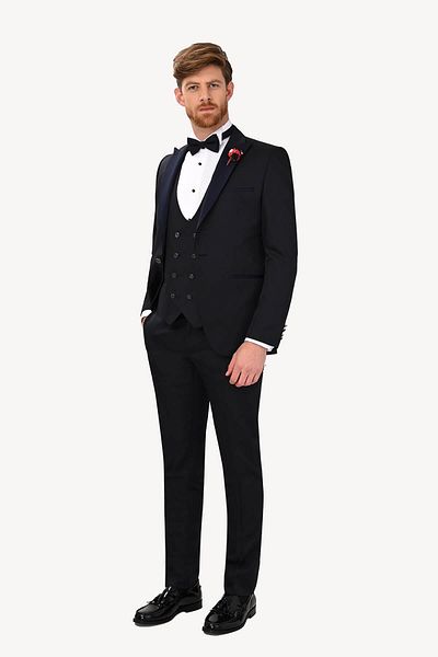 Ysf Men's Navy Blue Slim Fit Vest and Dislocation Shawl Collar Groom Suit