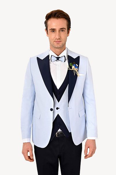 Ysf Men's Light Blue Vest Swallow Collar Slim Fit Groom Suit