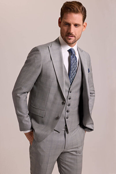 Ysf Erkek Gri Krem Slim Fit Sivri Yaka Yelekli Yün Kareli Takım Elbise