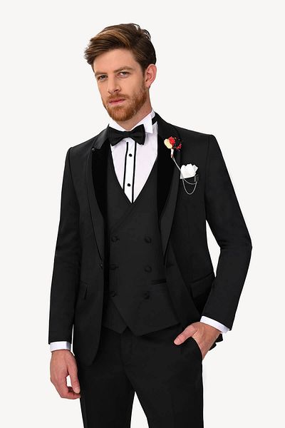 Ysf Men's Black Groom Suit Shawl Collar with Stones