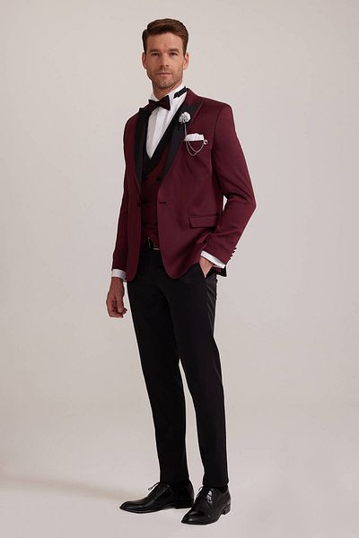Ysf Men's Burgundy Swallow Collar Vest Slim Fit Patterned Groom Suit