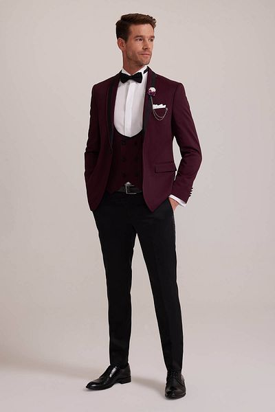 Ysf Men's Burgundy Dislocation Shawl Collar Slim Fit Groom Suit