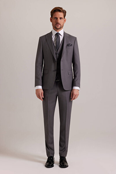Ysf Erkek Gri Slim Fit Sivri Yaka Yelekli Takım Elbise