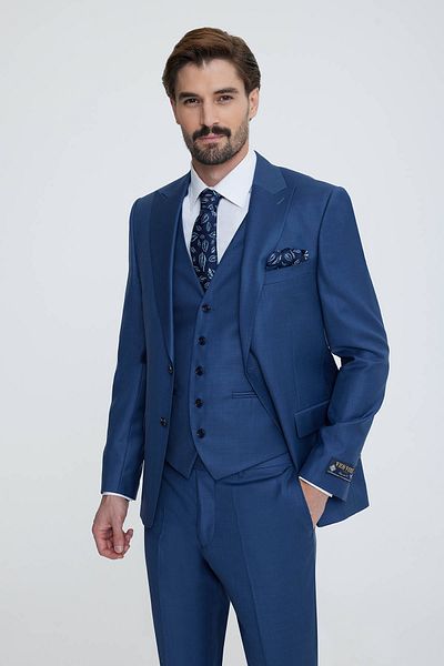 Ysf Men's Saks Blue Slim Fit Pointed Collar Vest Suit