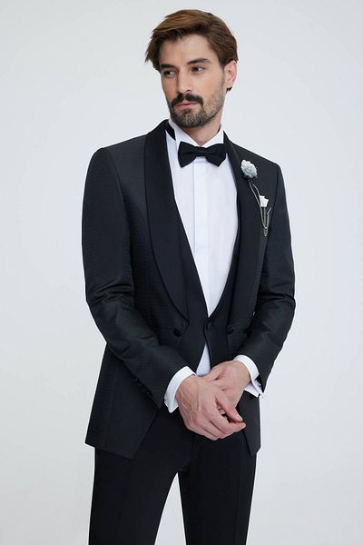 Ysf Men's Black Vest Shawl Collar Slim Fit Groom Suit