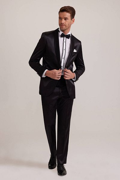 Ysf Men's Black Slim Fit Shawl Judge Collar Groom Suit