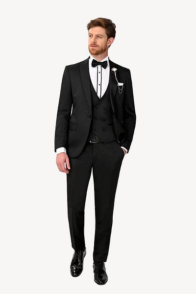 Ysf Men's Black Swallow Collar Vest Patterned Slim Fit Groom Suit