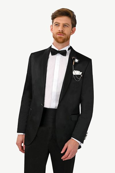 Ysf Men's Black Shiny Shawl Collar Groom Suit