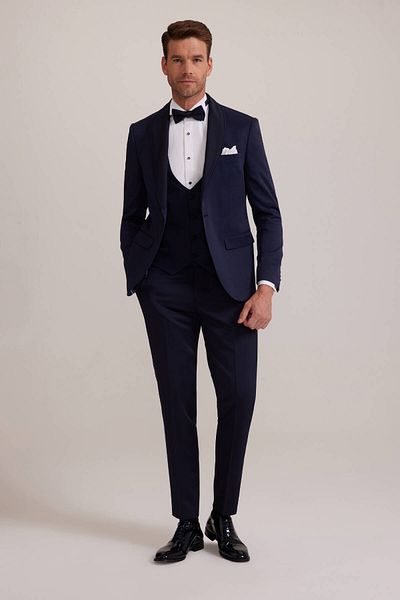 Ysf Men's Navy Blue Slim Fit Shawl Collar Groom Suit with Vest