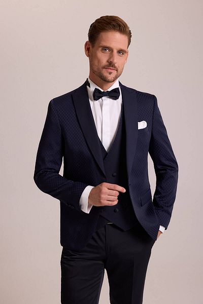 Ysf Men's Navy Blue Swallow Collar Vest Patterned Slim Fit Groom Suit