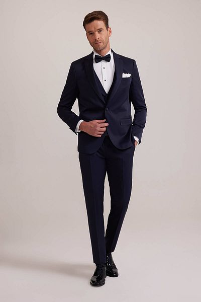 Ysf Men's Navy Blue Vest Mono Collar Slim Fit Groom Suit