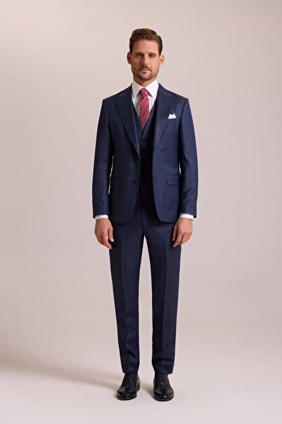 Ysf Erkek Lacivert Slim Fit Sivri Yaka Yelekli Yün Takım Elbise