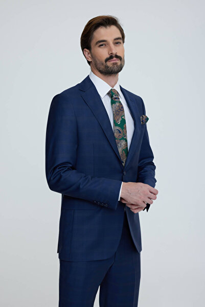 Ysf Erkek Lacivert Yeşil Regular Fit Kareli Desenli Takım Elbise