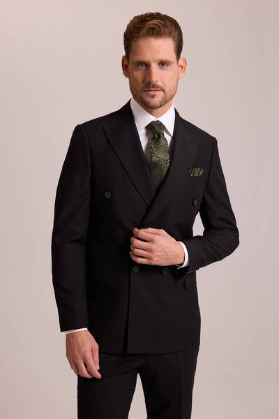 Ysf Erkek Siyah Yünlü Kruvaze Yaka Regular Fit Takım Elbise