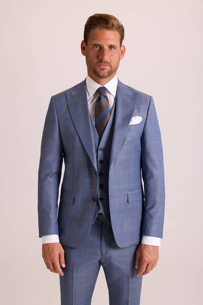 Ysf Erkek Mavi Slim Fit Sivri Yaka Yelekli Yün Takım Elbise