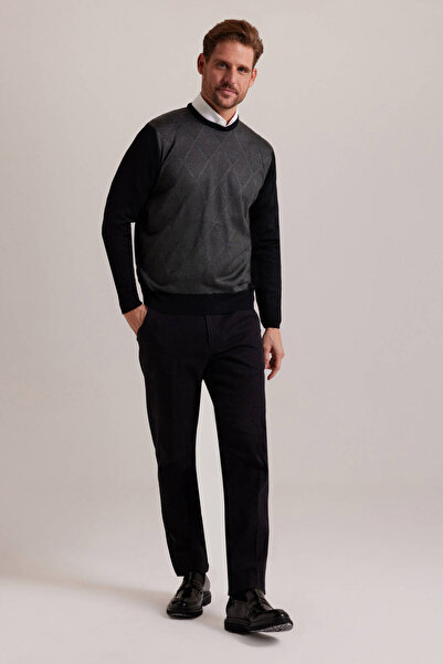 Ysf Erkek Siyah Gri Baklava Desenli Regular Fit Bisiklet Yaka Triko