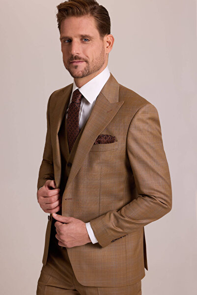 Ysf Erkek Taba Slim Fit Sivri Yaka Yelekli Yün Takım Elbise