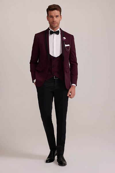 Ysf Men's Burgundy Dislocation Shawl Collar Slim Fit Groom Suit