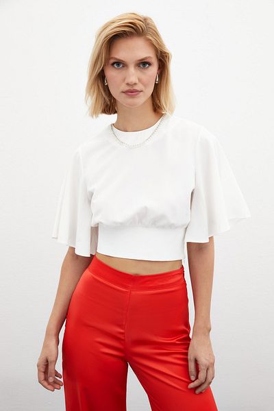 Sateen Bluză cu mânecă scurtă EKRU cu colier