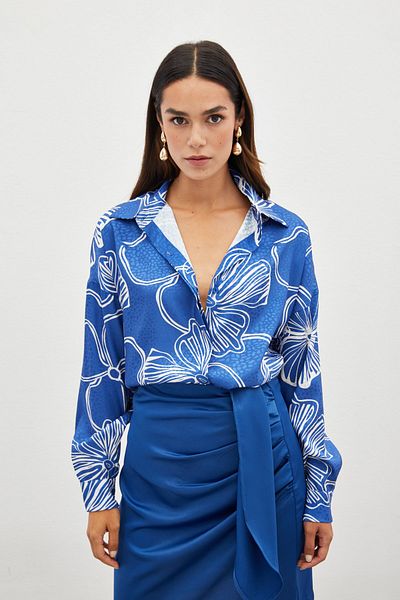 Sateen Patterned Long Shirt - Sax Blue